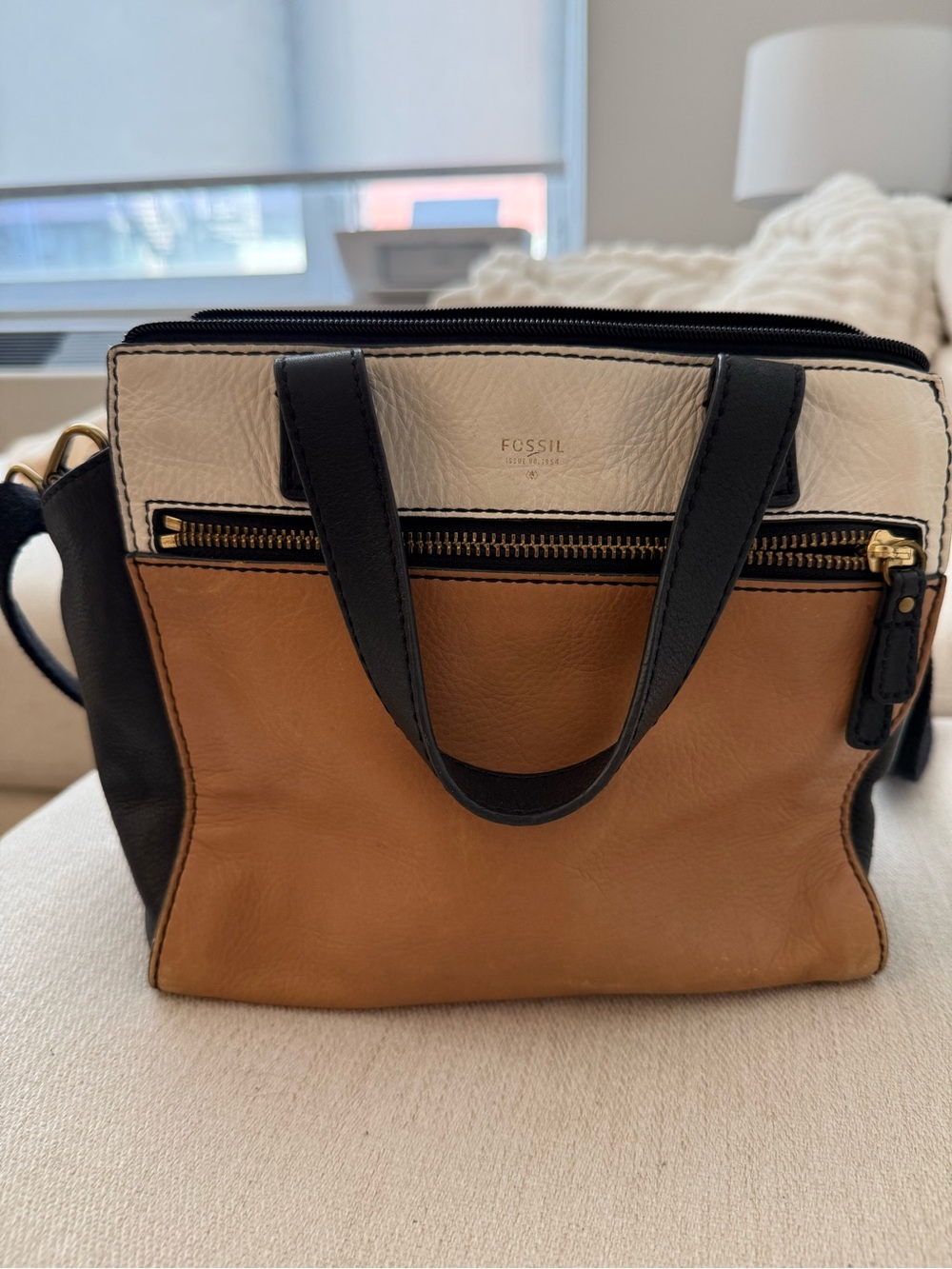 Fossil Tri-Color Leather Satchel - Tan, Black & Cream, Adjustable Strap